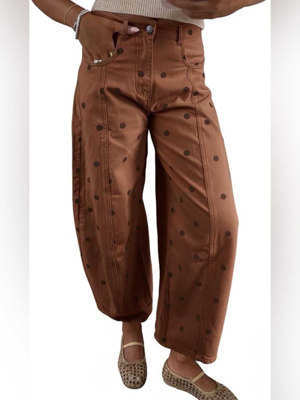 Polka Dot Barrel Jeans Boyfriend Wide Leg Mid Rise Denim Pants